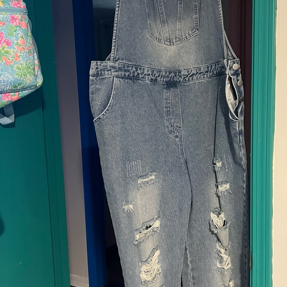 BiBi Distressed Denim Overalls - Light Blue